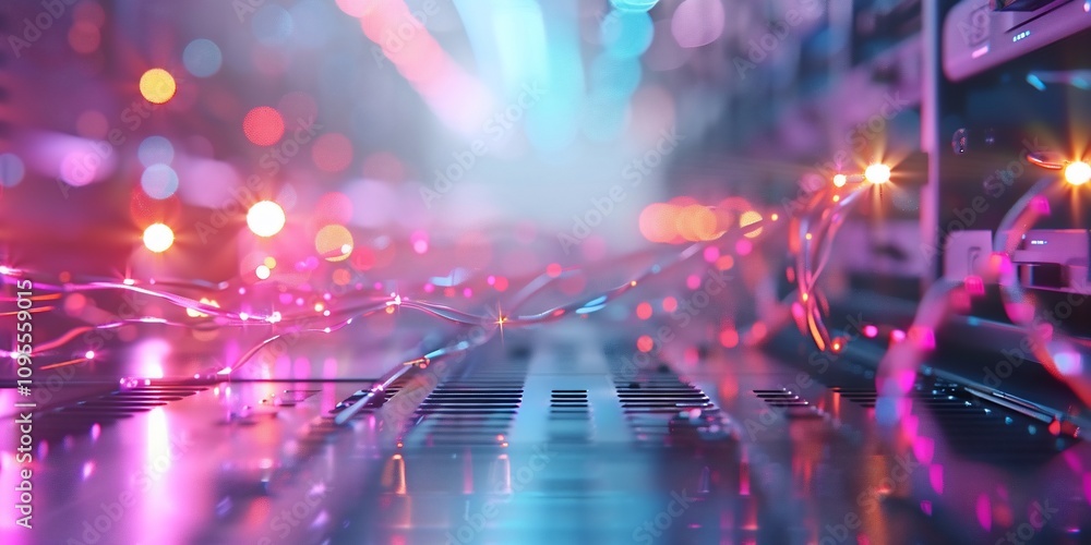 Poster abstract glowing network cables and bokeh lights.