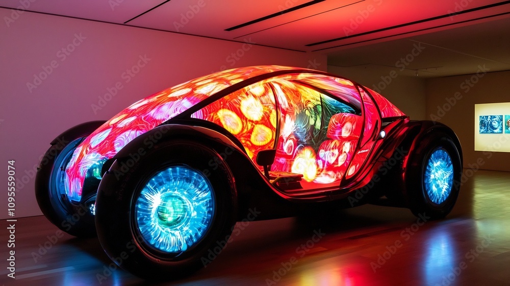 Aufkleber a futuristic transport vehicle enveloped in a digital projection cloth displaying vibrant abstract p