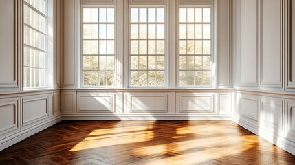 Obraz premium white empty room with shadow window and green plant on white wall luxury background and wooden floor 