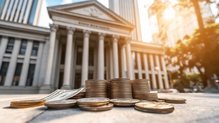 A layered paper cut style architectural of a grand neoclassical bank building with ornate columns and facade surrounded by piles of coins and dollar bills in the foreground