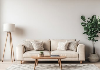 Minimalist Scandinavian Living Room with Beige Couch and Wooden Coffee Table