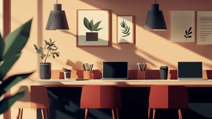 A layered paper cut style scene showcasing an organized office workspace with laptops documents and coffee cups in muted earthy color tones creating a minimalist and contemporary aesthetic