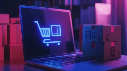 E-commerce and Online Shopping: Laptop with Shopping Cart Icon and Packages