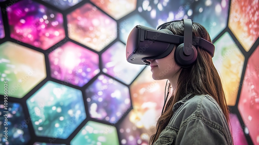 Poster a person wearing a virtual reality headset is immersed in a dynamic colorful and futuristic digital 