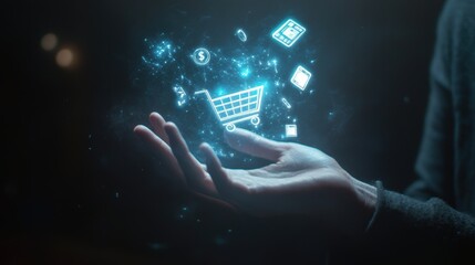 Glowing shopping cart hologram digital sale promotion poster design for holiday shopping season.