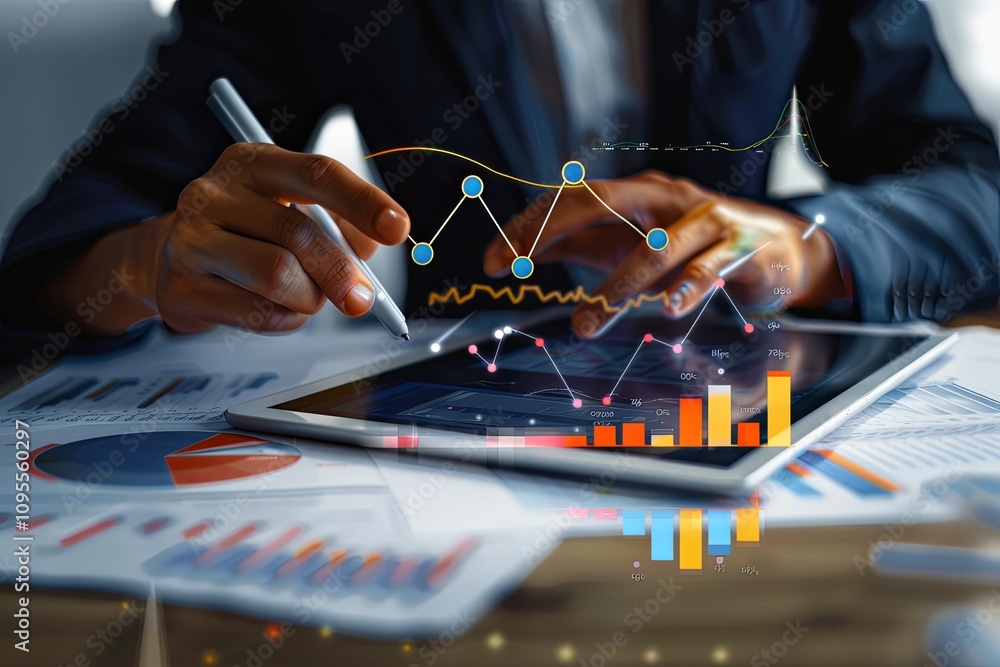 Poster business professional analyzes data trends using tablet and charts during a work session in a modern
