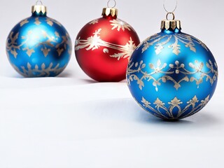 Colorful holiday ornaments in blue and red with intricate gold designs displayed on a white background. Christmas and New Year