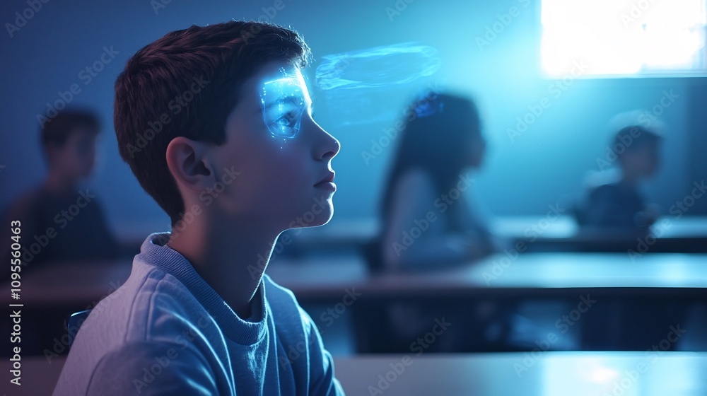 Poster a student engrossed in an advanced vr education concept surrounded by glowing holograms that enhance