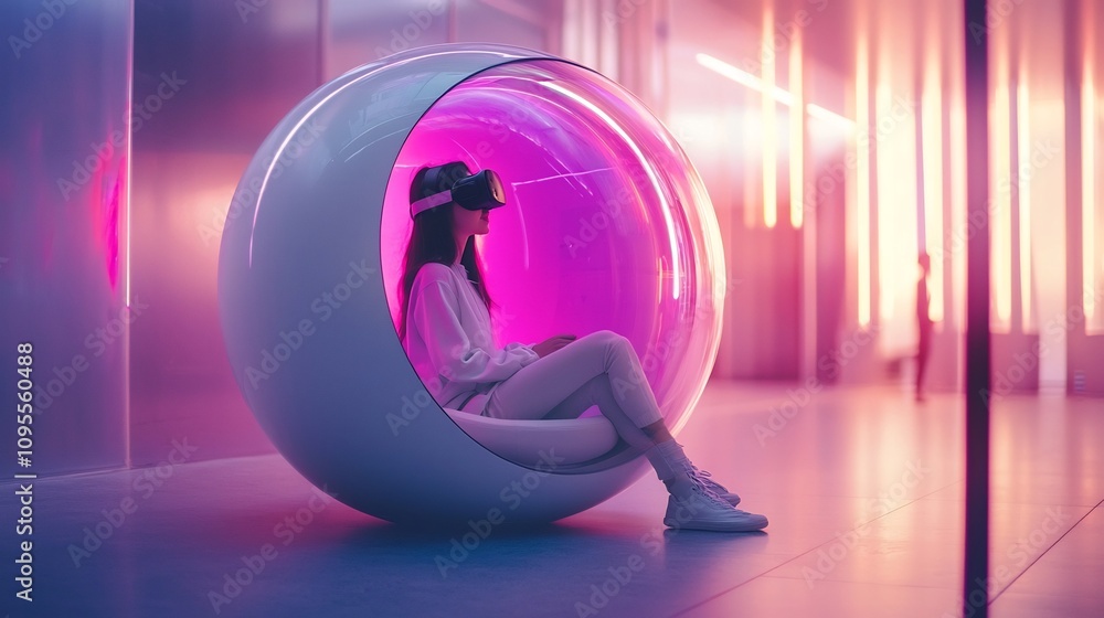 Poster a student sitting in a bright futuristic study pod completely immersed in a virtual reality experien