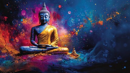 A striking image of a Buddha statue in a meditative pose surrounded by a vibrant cosmic backdrop of abstract patterns swirling colors and spiritual energy