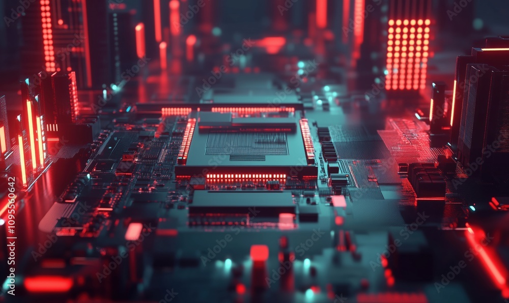 Poster futuristic circuit board with red neon lights, intricate details of microchips and electronic compon