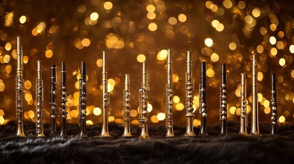 A traditional flute ensemble beautifully displayed on a dark velvet surface with ambient lighting creating a soft metallic shine