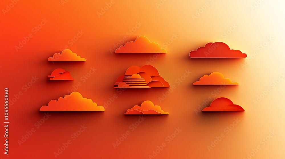 Poster a vibrant papercut style collection of cloud icons in various abstract shapes and sizes featuring so