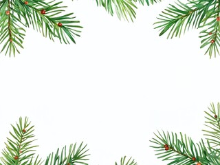 Green pine branches frame a blank canvas, evoking a festive atmosphere suitable for holiday decorating and crafting. Christmas and New Year