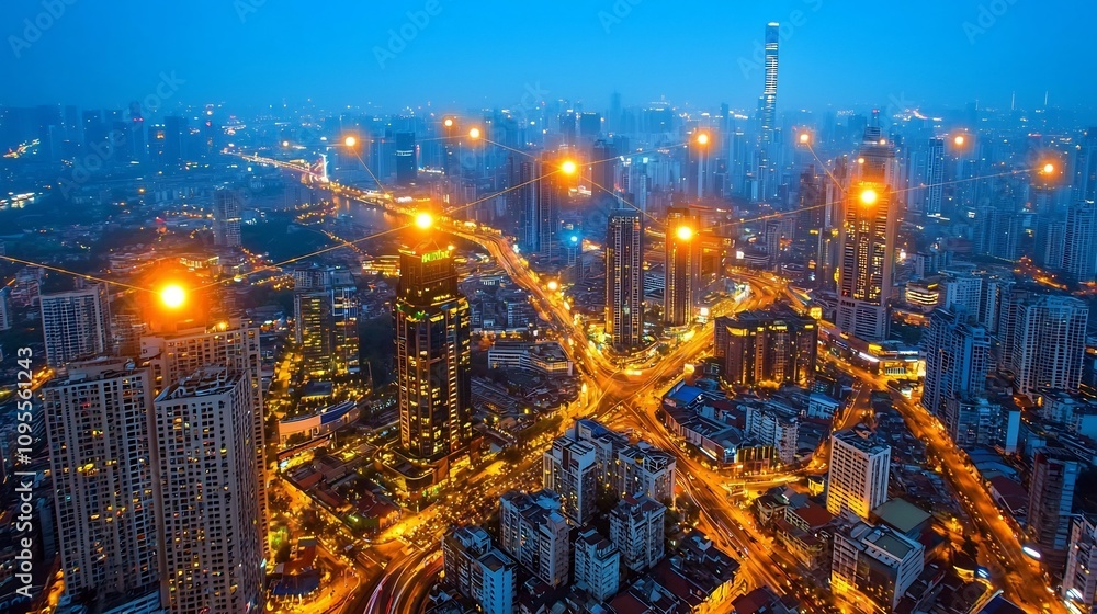 Poster aerial drone view of a futuristic city skyline with skyscrapers and glowing blockchain nodes represe