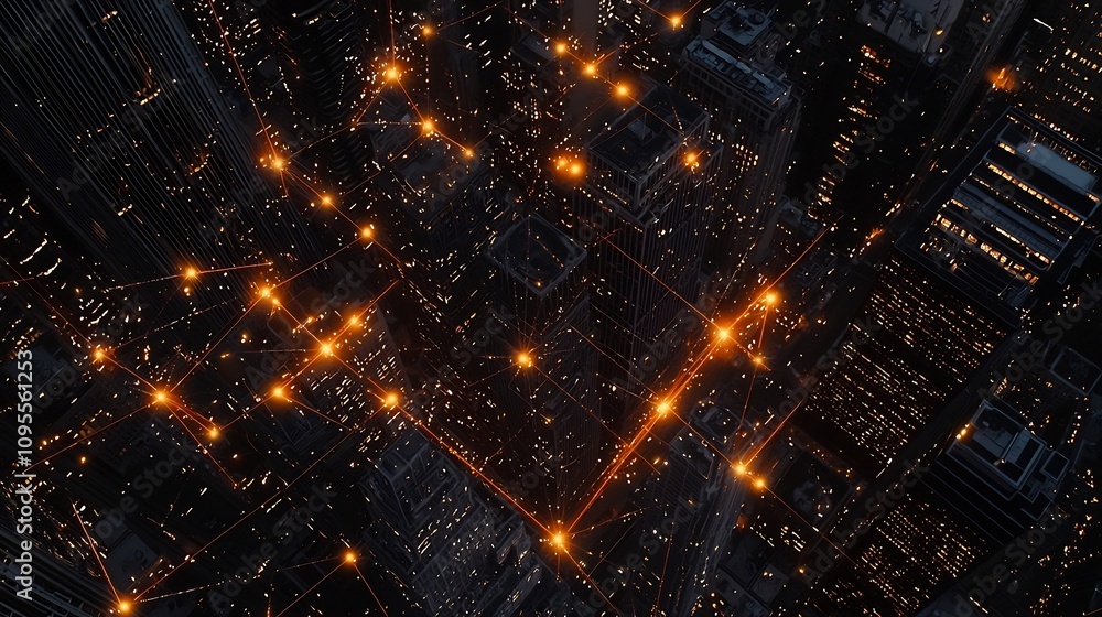 Poster aerial drone view of a modern city skyline at night with glowing blockchain nodes represented as poi