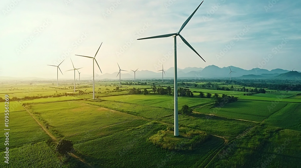 Poster aerial drone view of multiple wind turbines and energy storage containers situated in a lush green c