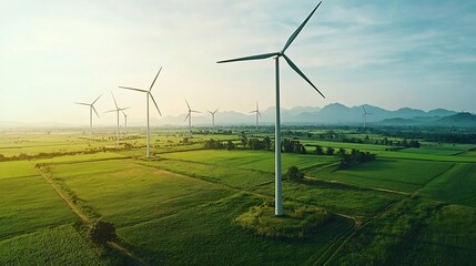 Aerial drone view of multiple wind turbines and energy storage containers situated in a lush green countryside landscape with rolling hills and mountains in the background  Showcasing renewable