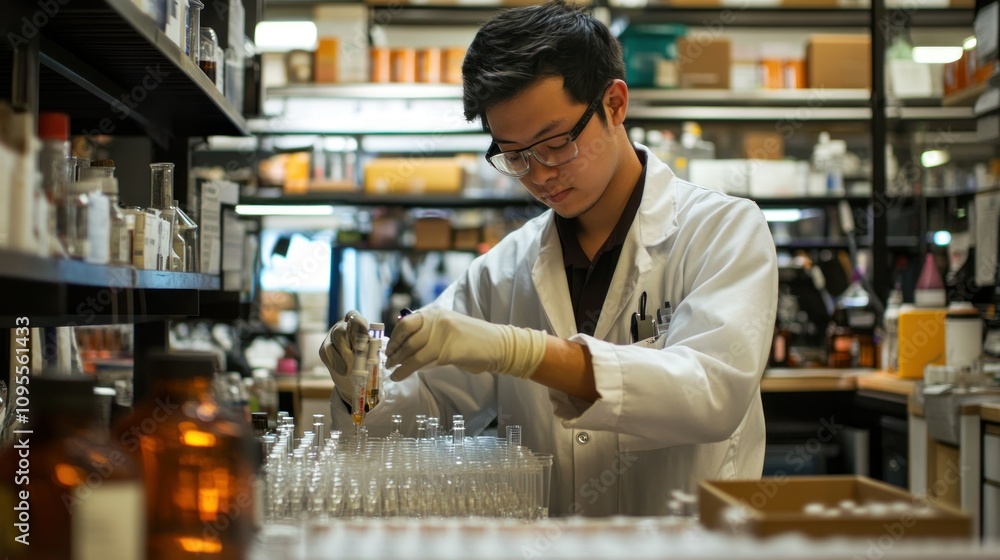 Poster a scientist in a lab coat works with test tubes and chemicals