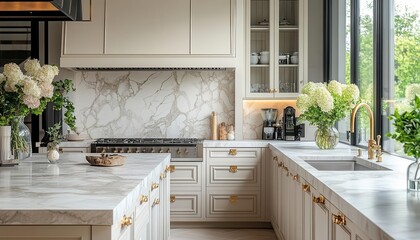 Elegant kitchen with marble counters and bespoke furnishings