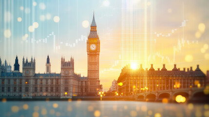 Fototapeta premium Big Ben and the Houses of Parliament at sunset, adorned with digital graphics and glowing lights, symbolizing a blend of tradition and modernity.