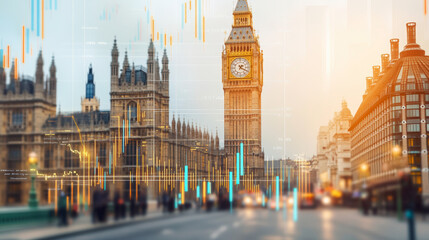 Fototapeta premium Big Ben and Westminster Palace are shown with digital graphic overlays, blending historic architecture with modern technology in a vibrant cityscape.