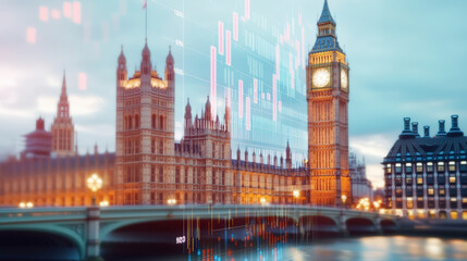 Big Ben and the Palace of Westminster at dusk, with a digital overlay suggesting financial data or stock market analysis.