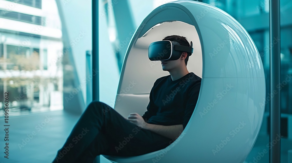 Poster bright and futuristic study pod with a student engaged in a virtual reality experience surrounded by
