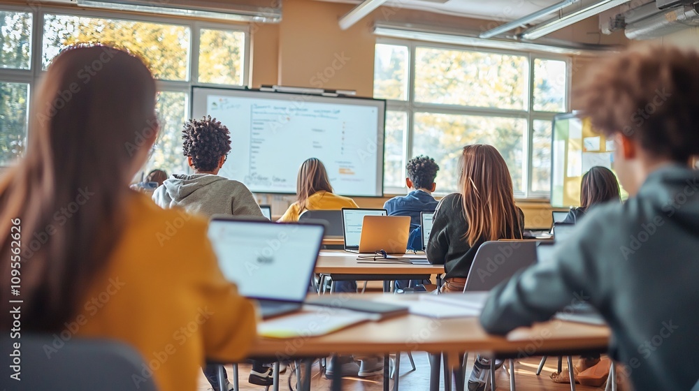Poster bright and modern classroom setting with digital smartboards students working together on laptops in