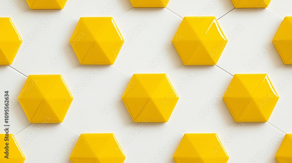 Poster bright and vibrant yellow geometric pentagonal pattern evenly spaced on a clean white background cre