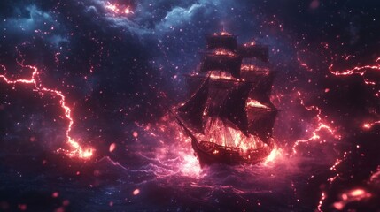 A mystical ship sails through stormy seas, illuminated by lightning and fiery clouds.