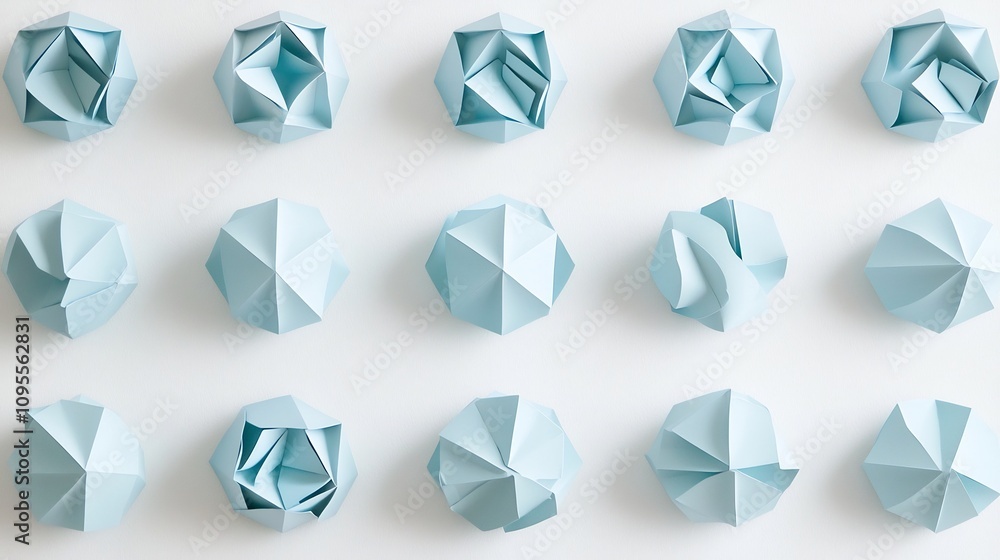 Poster calming and modern light blue geometric pentagons with soft drop shadows arranged in a minimalist pa