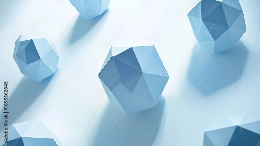 Poster calming image of light blue geometric polygons with soft drop shadows arranged in a symmetrical repe