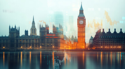 Naklejka premium Big Ben and the Houses of Parliament are overlaid with financial graphs, symbolizing the intersection of politics and global finance in London.