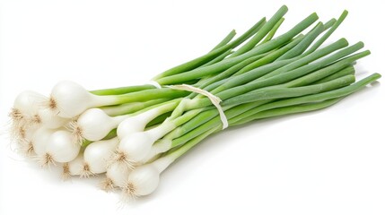 A fresh bunch of green onions with their crisp white bulbs and long green tops, Each onion&rsquo;s bright color and subtle imperfections captured with precision