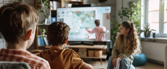 Children attentively watch an online geography lesson on a large screen TV in their living room.