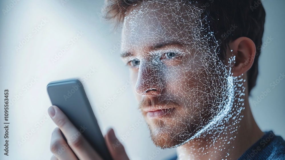 Aufkleber close up portrait of a man using facial recognition technology to unlock his smartphone highlighting