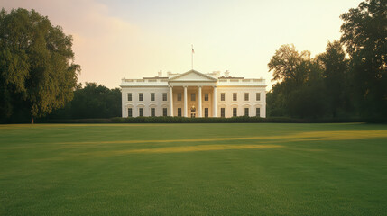 Naklejka premium A serene view of the White House, surrounded by lush green lawns and trees under a calm, early morning sky.