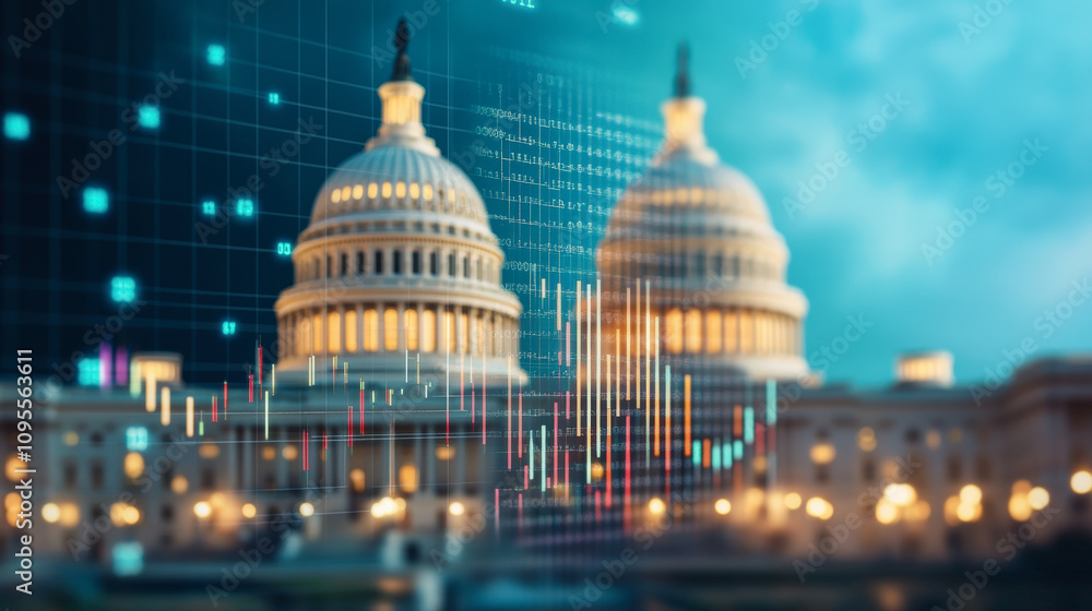 Poster an artistic blend of the u.s. capitol building and financial graphs, symbolizing the intersection of