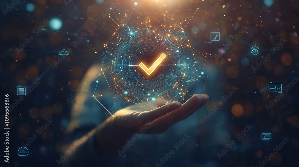 Poster closeup of a hand holding a futuristic glowing digital interface with a central checkmark icon surro