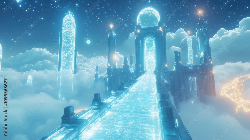 Poster a luminous, ethereal pathway leads to a glowing archway amidst floating structures in the sky.