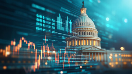 The image features the U.S. Capitol with overlaid financial graphs, symbolizing the intersection of politics and economic markets through digital data visualization.