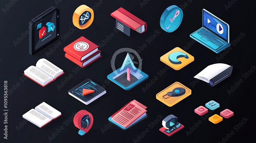 Poster colorful and vibrant animated icons and graphics representing various online learning tools educatio