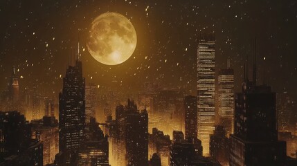 A nighttime cityscape illuminated by a large moon and soft snowfall.