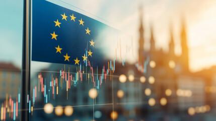 European Union flag with financial chart overlays indicating market trends, set against a blurred cityscape background with emerging lights and architectural outlines.