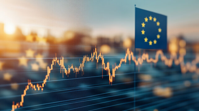 A graph with upward and downward trends overlays a blurred cityscape, accompanied by the European Union flag, symbolizing economic fluctuations and market changes.
