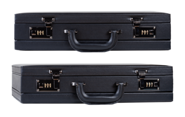 Black premium leather business briefcase with a combination lock isolated on white background cut out two views of modern secure travel suitcase for businessman executives front and angled perspective