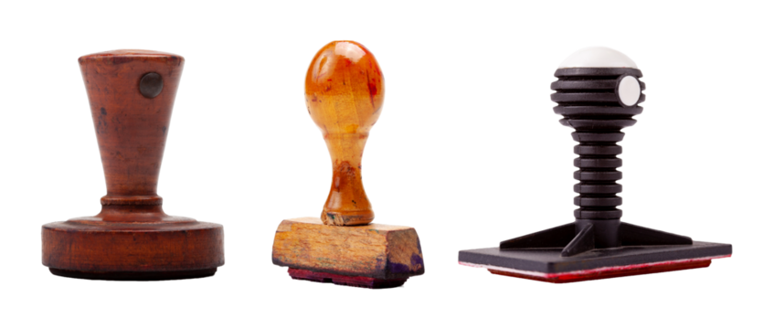 Different old stamps set objects isolated on white background vintage office rubber stamps antique stationery tools retro verification items, authentic aged wooden and plastic rubber stamps collection