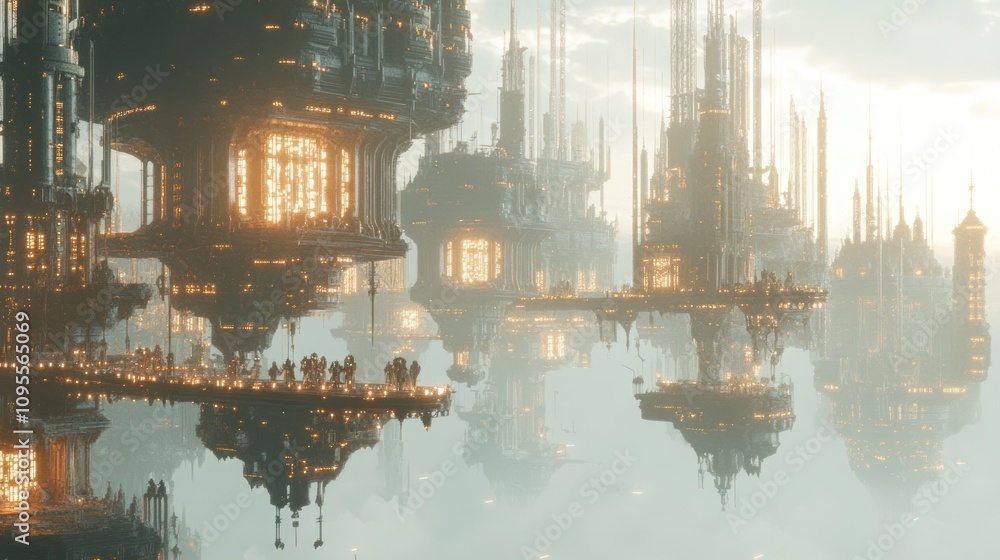 Poster a futuristic cityscape with floating structures and glowing elements amidst a misty atmosphere.