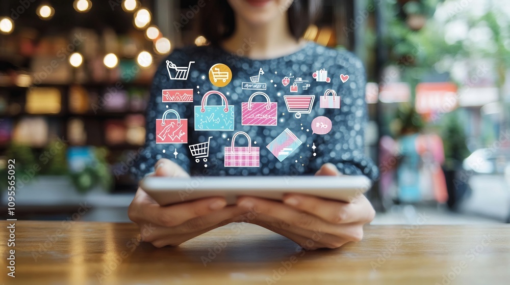 Poster digital retail experience displayed on a tablet screen with various shopping icons and elements repr